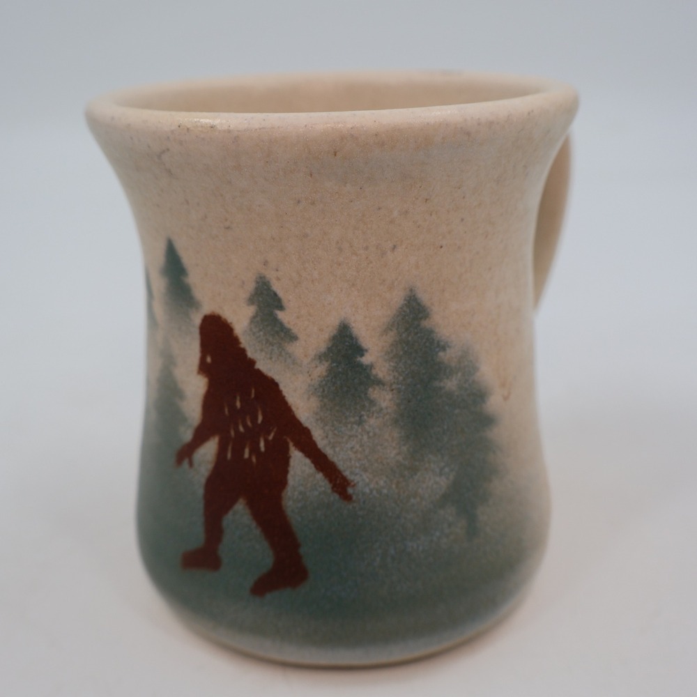 Lindsoe Bigfoot Sasquatch Mug Tan Stoneware Forest Silhouette Pottery
